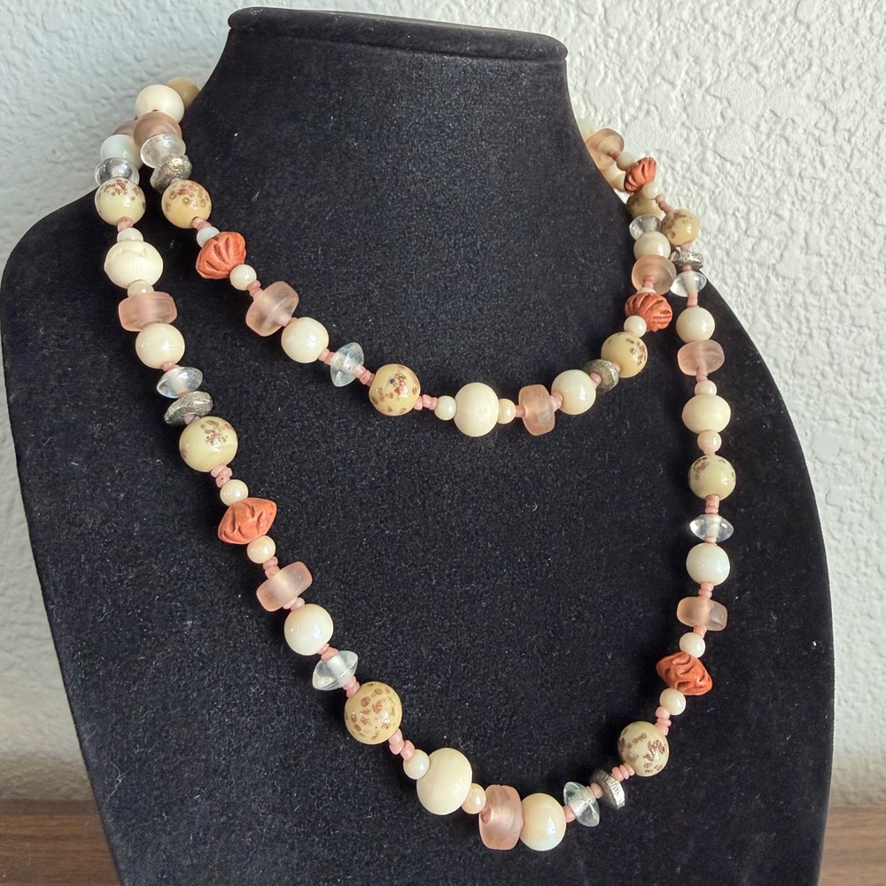 Vintage Multi Bead Long Strand Necklace Terracotta Glass Ceramic Boho Festival